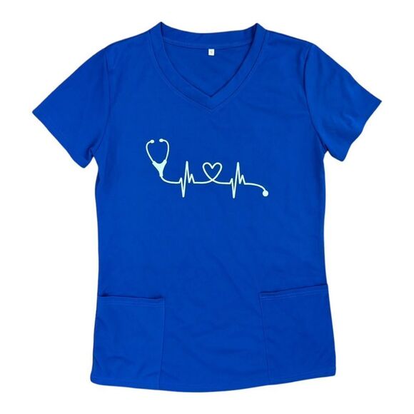 Blue V-Neck Scrub Top with Heartbeat Design Short Sleeve Tee - Picture 1 of 5